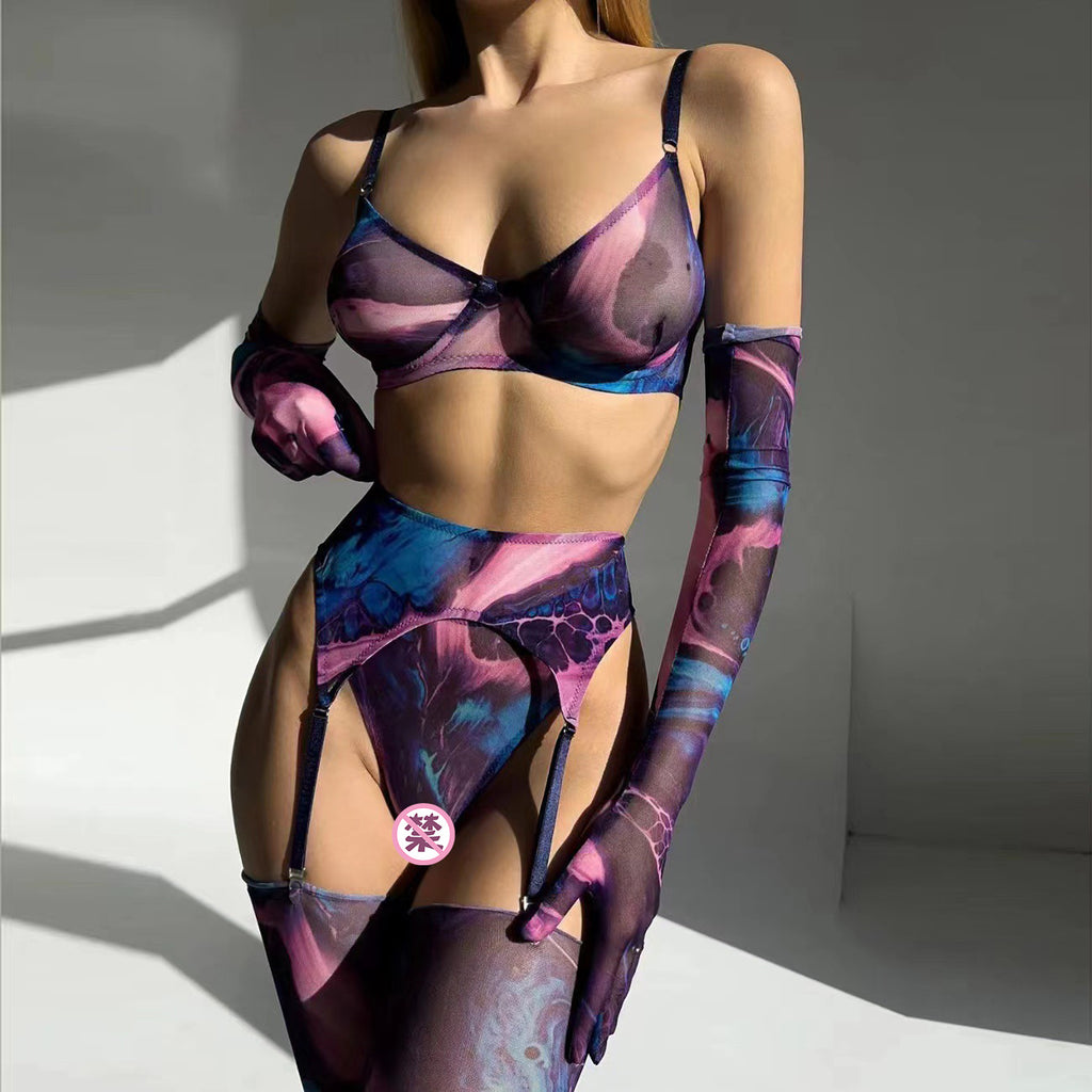 Tie-Dye Colorful Small Bust Gathering Mesh Sexy Lingerie Five-Piece Set for Women