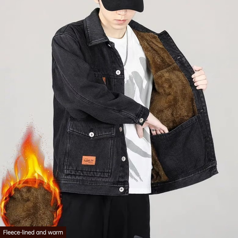 American Style Heavyweight Denim Jacket for Men, Autumn Winter, Warm Lined, Thickened, Loose Fit, Casual Outerwear