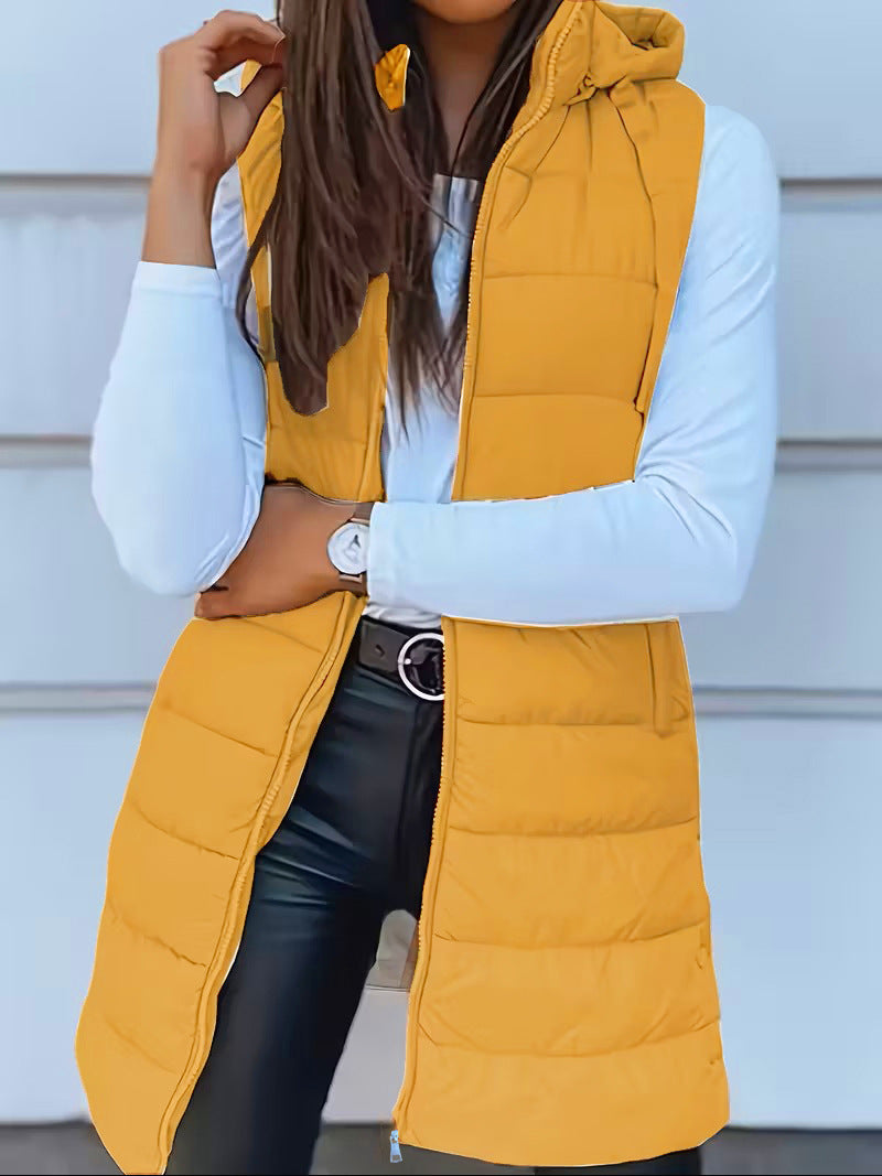 Solid color medium long vest hooded slim fit sleeveless jacket for women