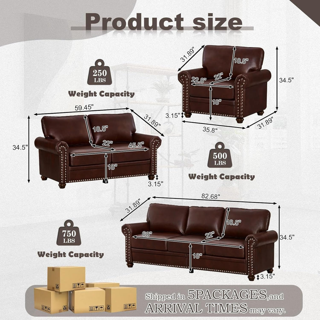 3 Piece Faux Leather Sofa Set,Mid Century Modern Couch and Loveseat Sets with Storage,Comfy Deep Seat Sofa with Nailhead Trim & Rolled Arm for Living Room,Office(Armchair+Loveseat+3 Seater,Burgundy)-1