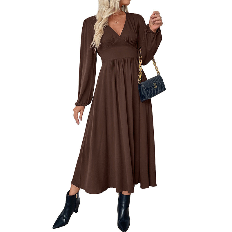 Retro style dress with waist cinched deep V-neck brown dress