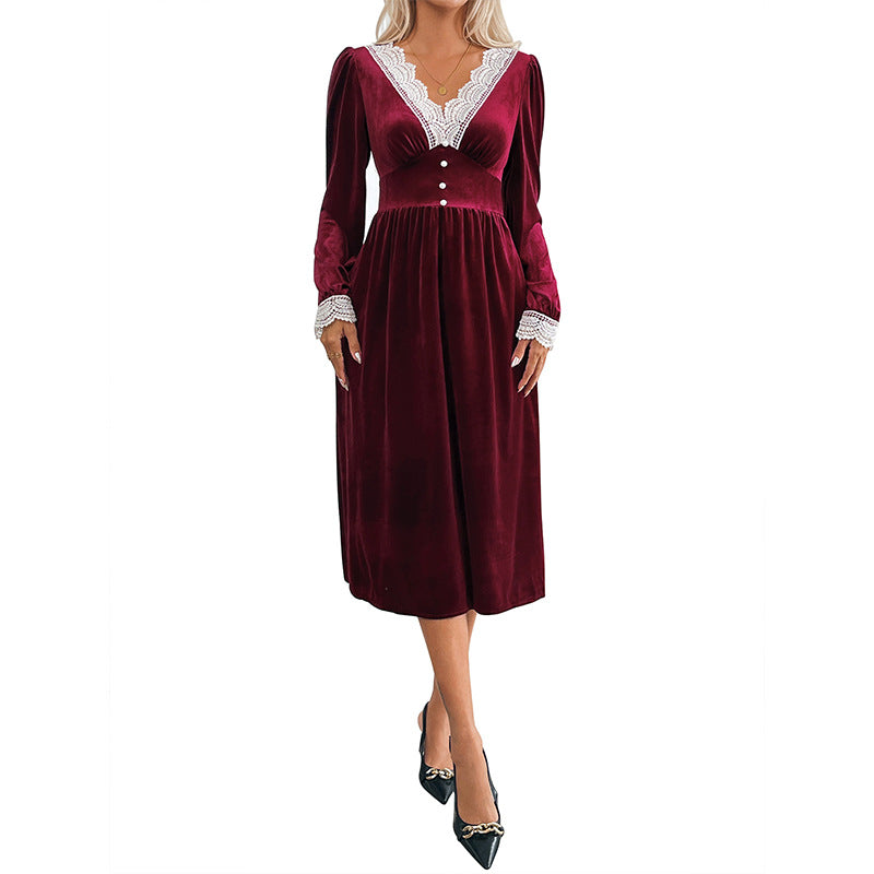 Elegant party style lace V-neck velvet dress