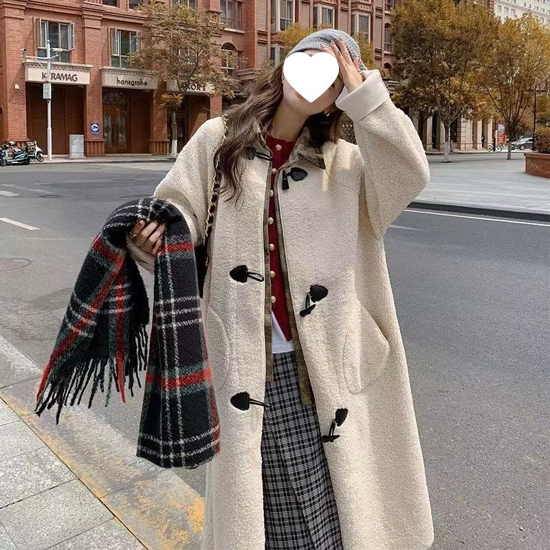 Academic Style Thickened Long Sleeve Faux Two-Piece Design Long Coat with Toggle Buttons and Shearling Outerwear for Women