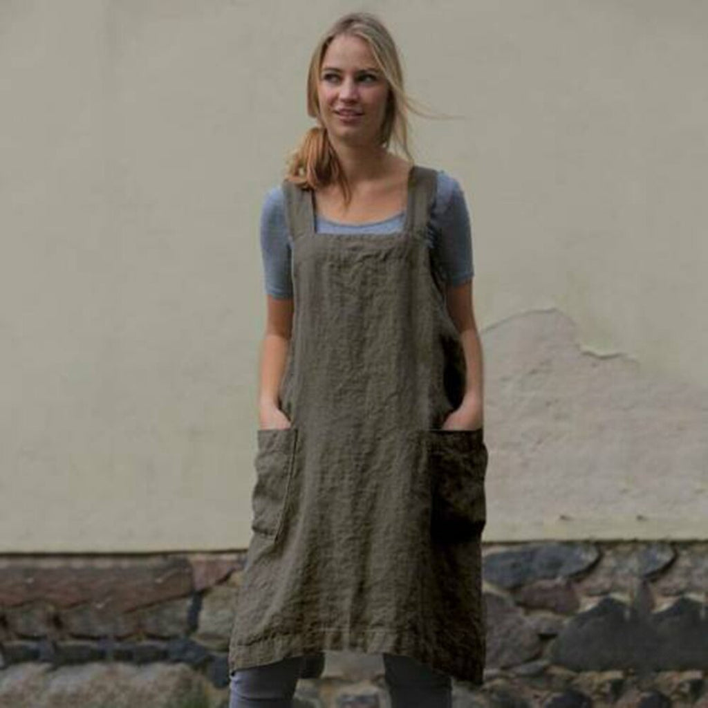 Plus Size Cotton Line Dress Women Summer Back Cross Split Loose Dress Casual Sleeveless Solid Pockets Dresses S-5XL Vestidos