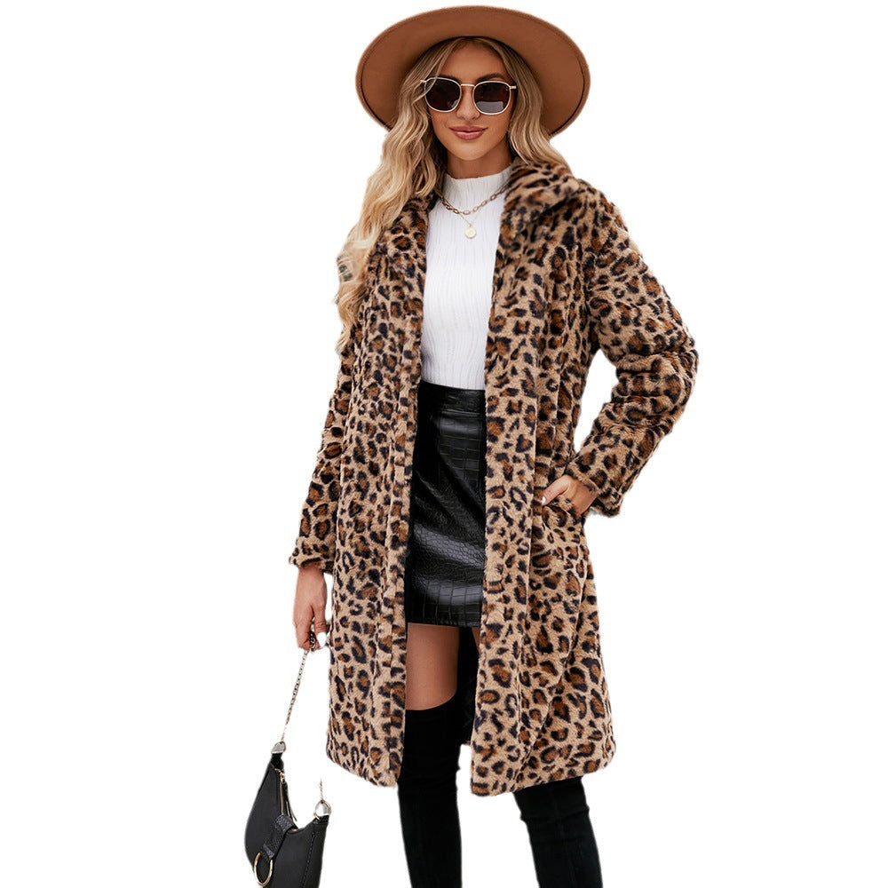 Leopard print faux fur plush lapel coat