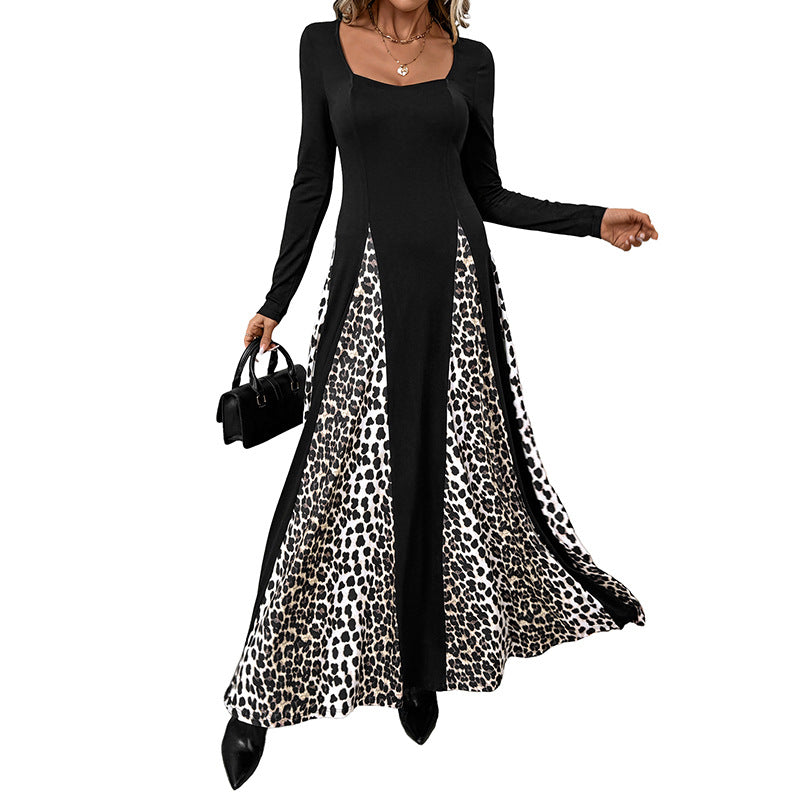 Retro style square neck long sleeved leopard print patchwork skirt