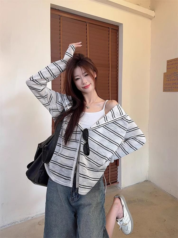 Striped Hooded Jacket for Women, Lightweight Long Sleeve Sun Protection Cardigan, Lazy Style Loose Top