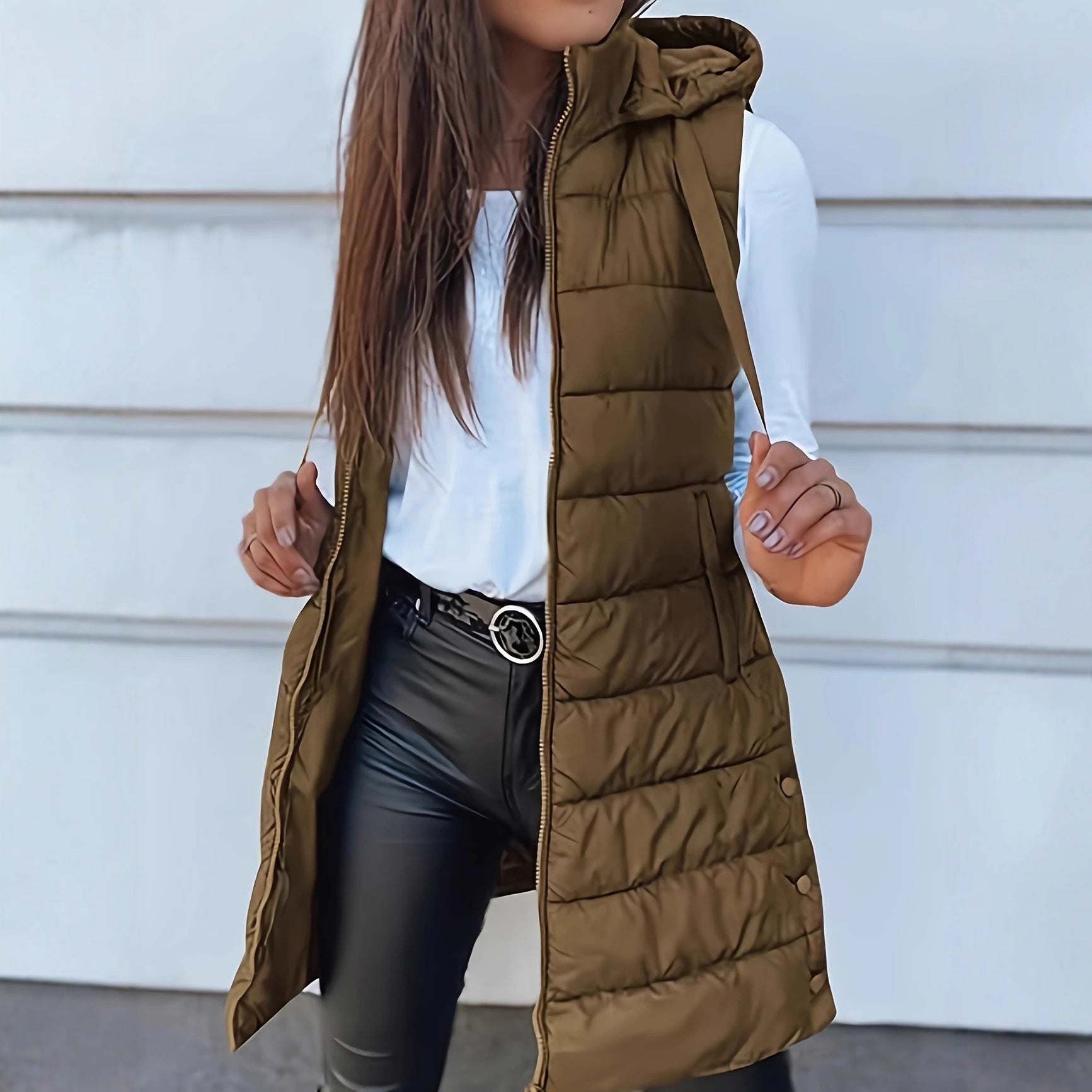 Solid color medium long vest hooded slim fit sleeveless jacket for women