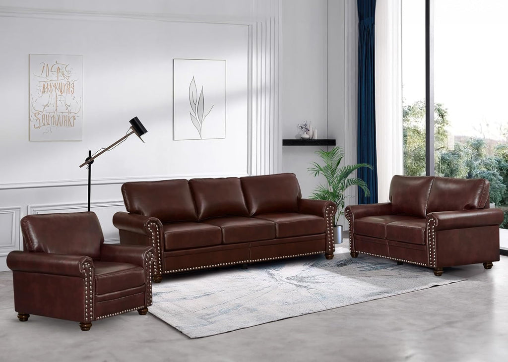 3 Piece Faux Leather Sofa Set,Mid Century Modern Couch and Loveseat Sets with Storage,Comfy Deep Seat Sofa with Nailhead Trim & Rolled Arm for Living Room,Office(Armchair+Loveseat+3 Seater,Burgundy)-0