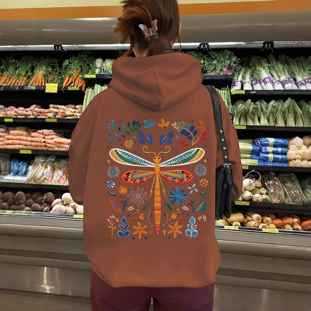 Top hoodie with dragonfly pattern print