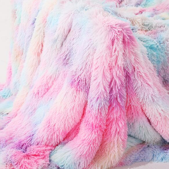 Rainbow Plush Super Soft Blanket Colorful Bedding Sofa Cover Furry Fuzzy Fur Warm Throw Cozy Couch Blanket for Winte