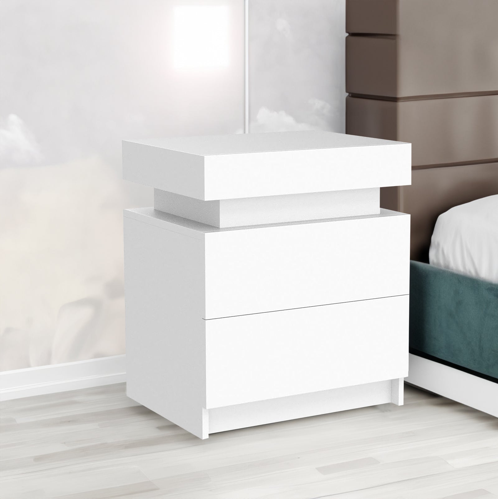 Modern white Nightstand With 2 Storage Drawers,Led Lights, End Table For Bedroom Furniture