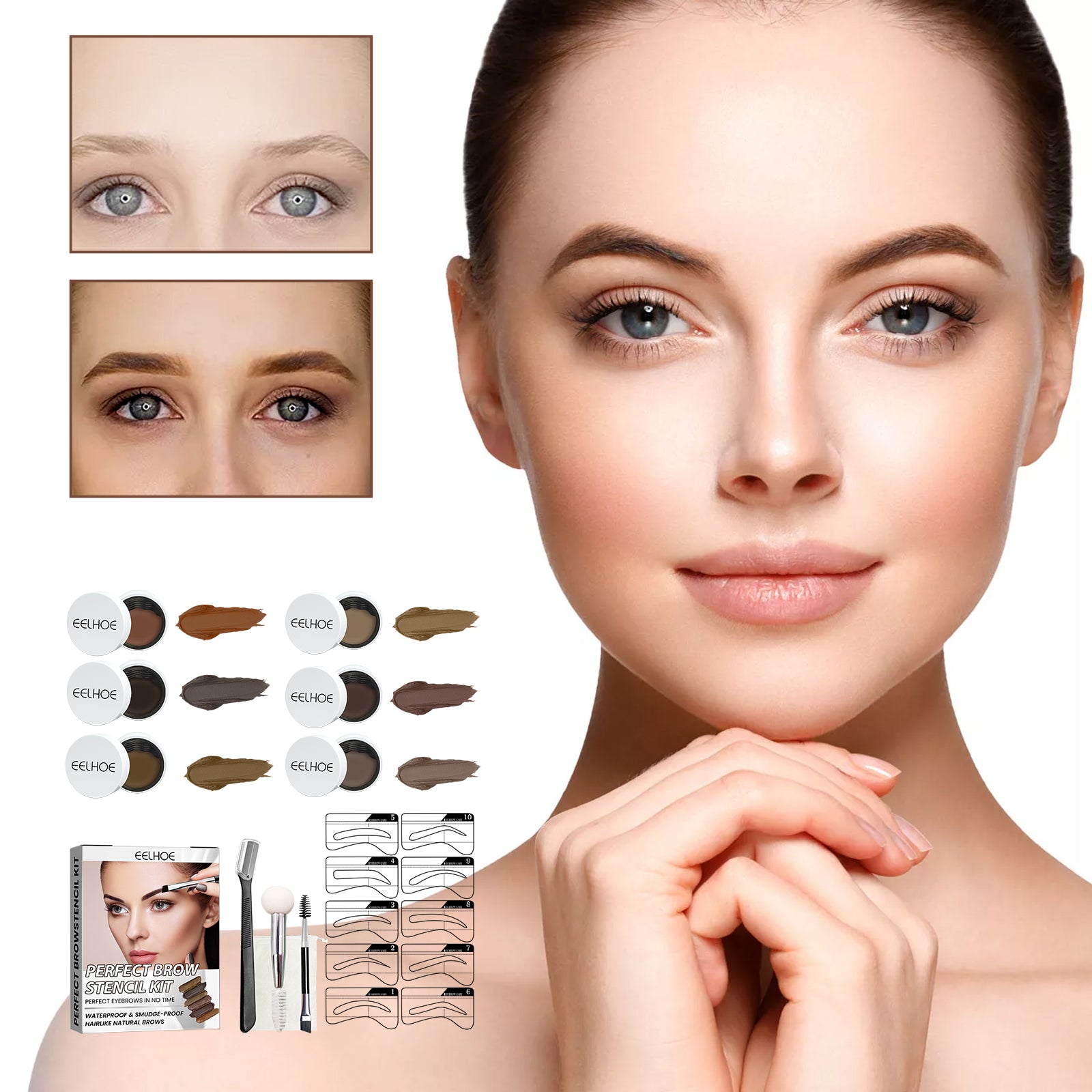 EELHOE Perfect Brow Stencil Kit, Waterproof Smooth Easy Color No Smudge No Makeup Natural Three-Dimensional Eyebrow Cream