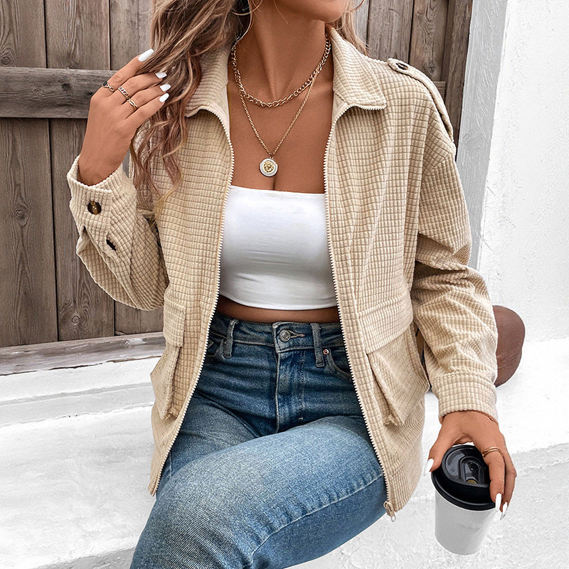 Zipper lapel textured solid color jacket for women