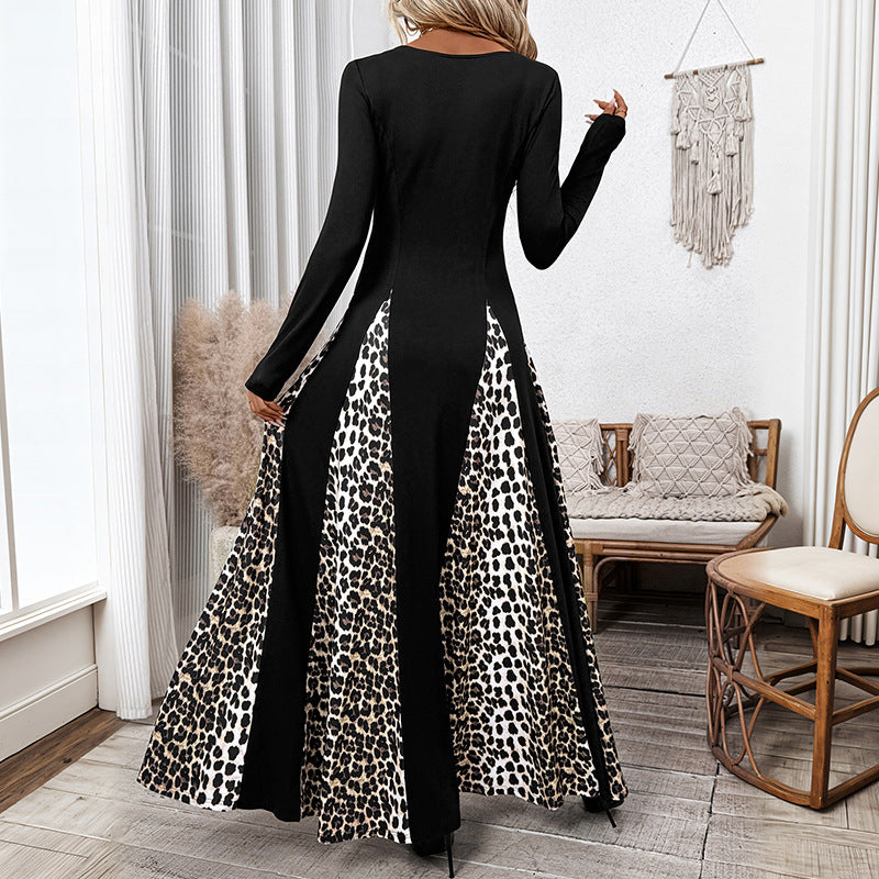 Retro style square neck long sleeved leopard print patchwork skirt