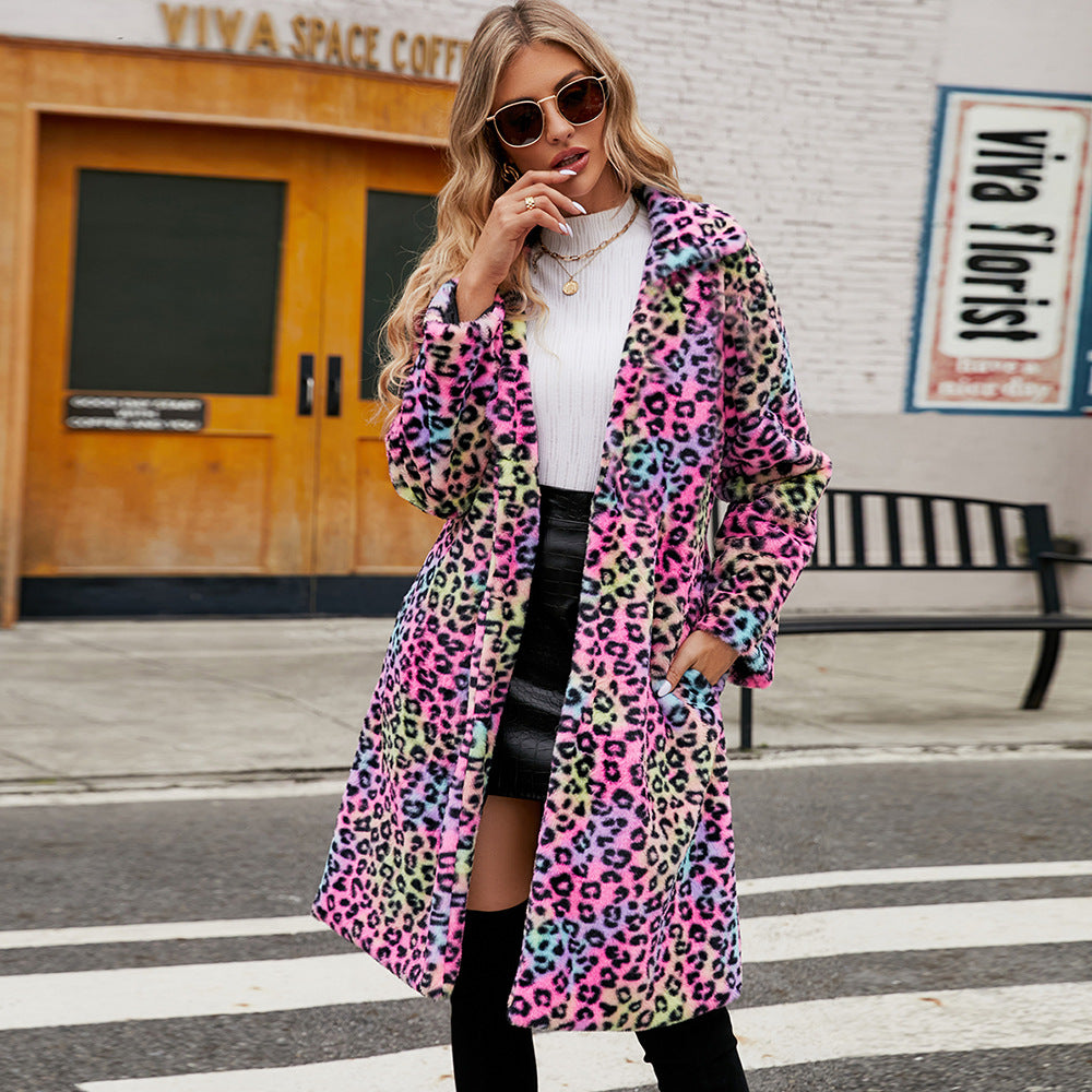 Leopard print faux fur plush lapel coat