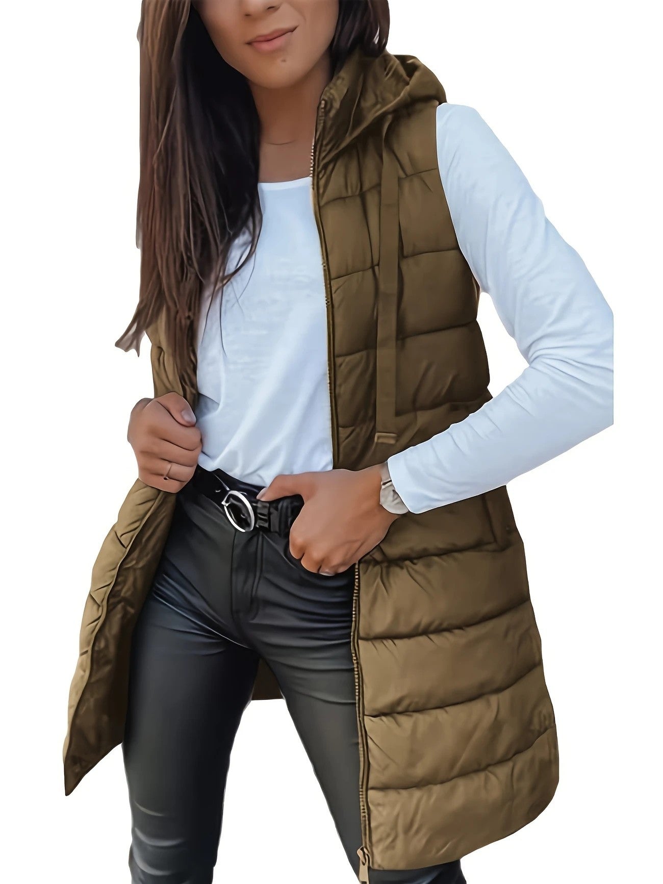 Solid color medium long vest hooded slim fit sleeveless jacket for women