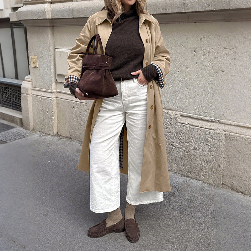 Extended plaid patchwork lapel windbreaker jacket for women