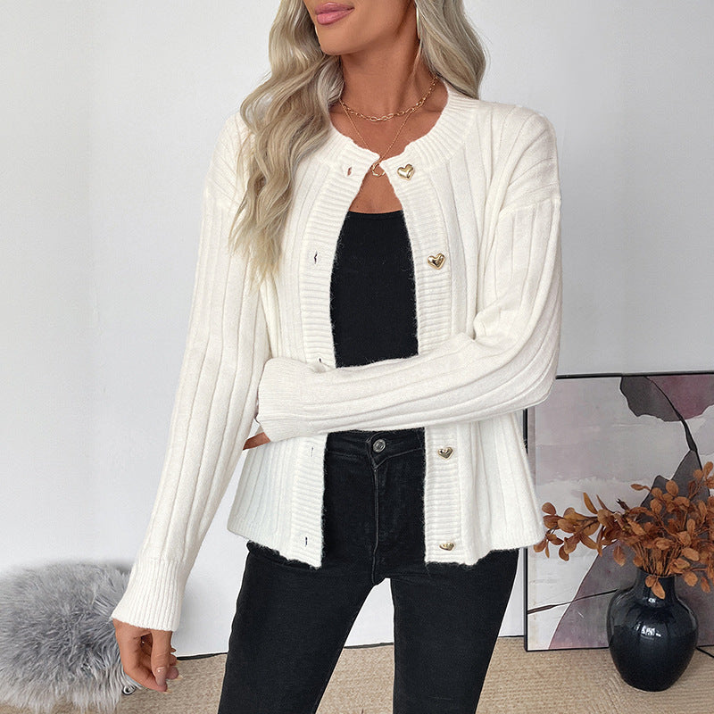 Metal heart button solid color sweater jacket cardigan