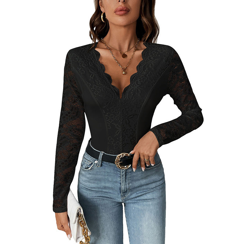 Solid Color Long Sleeve V-neck Lace Jumpsuit