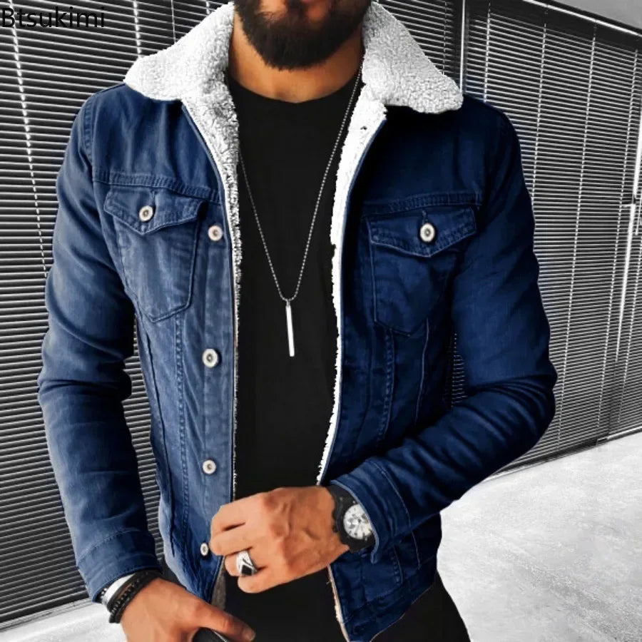 Autumn Winter Men's Imitation Lamb Fleece Thickened Warm Denim Coats Plush Lapel Button Long Sleeve Denim Jackets for Men