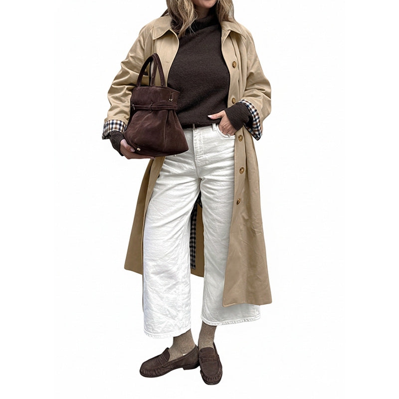 Extended plaid patchwork lapel windbreaker jacket for women