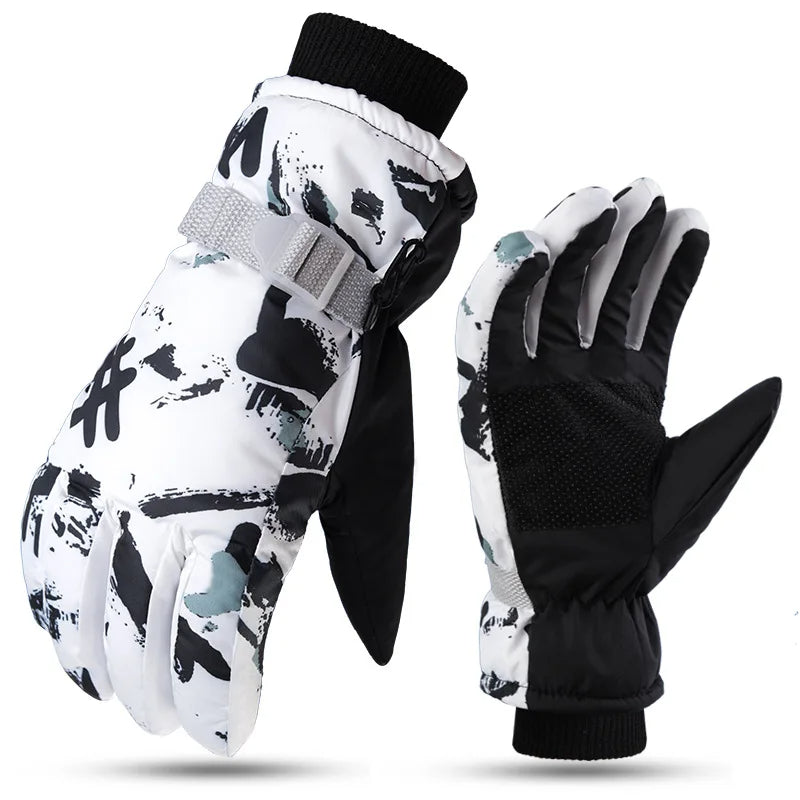 Winter Ski Gloves Warm Thermal Men Women Thickened Cotton Waterproof Non-Slip Warm Riding Outdoor Graffiti Snowboard Cycling