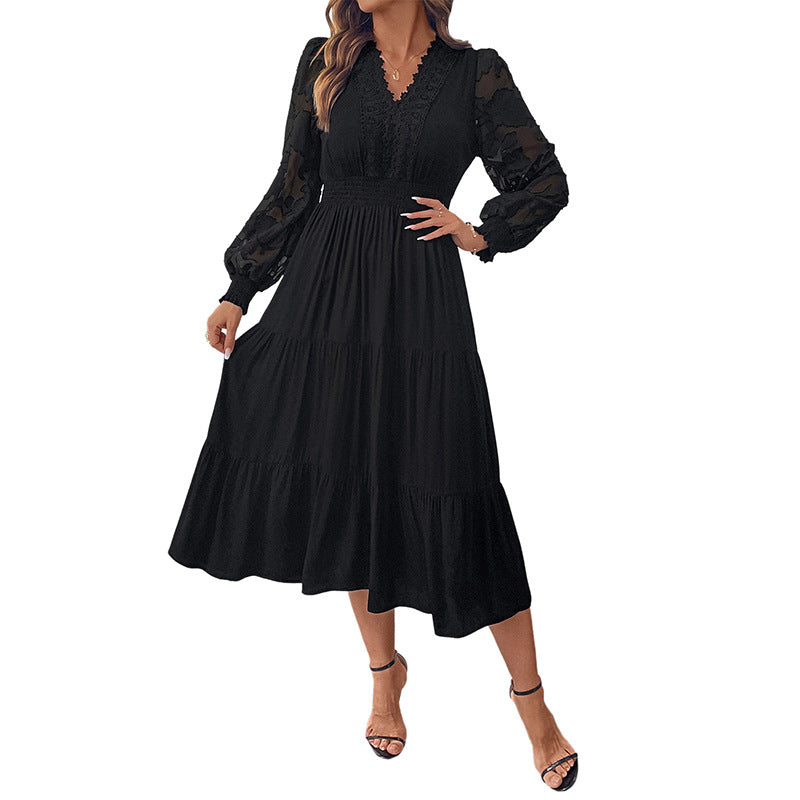V-neck waist cinched lace long sleeved solid color dress for women