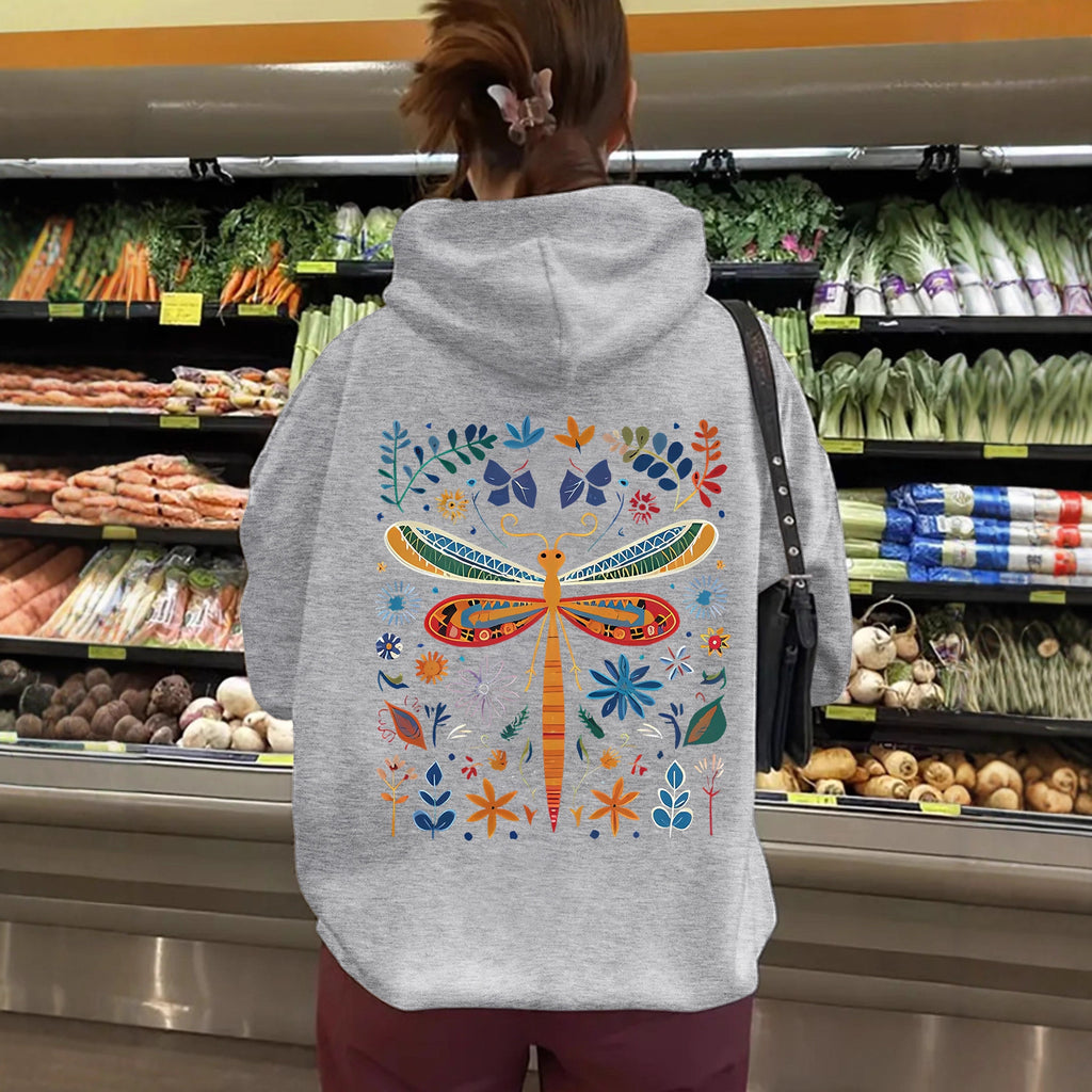 Top hoodie with dragonfly pattern print