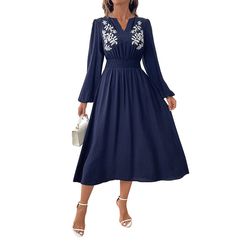 Ethnic style waist cinching V-neck blue embroidered dress for women