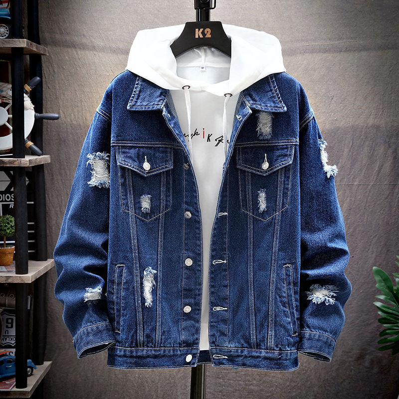 Spring and Autumn Fashion Casual Korean-Style Ripped Men's Denim Jacket, Washed Solid Color Denim Coat