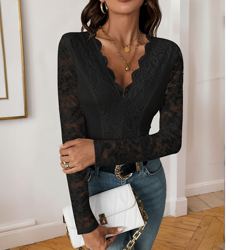 Solid Color Long Sleeve V-neck Lace Jumpsuit