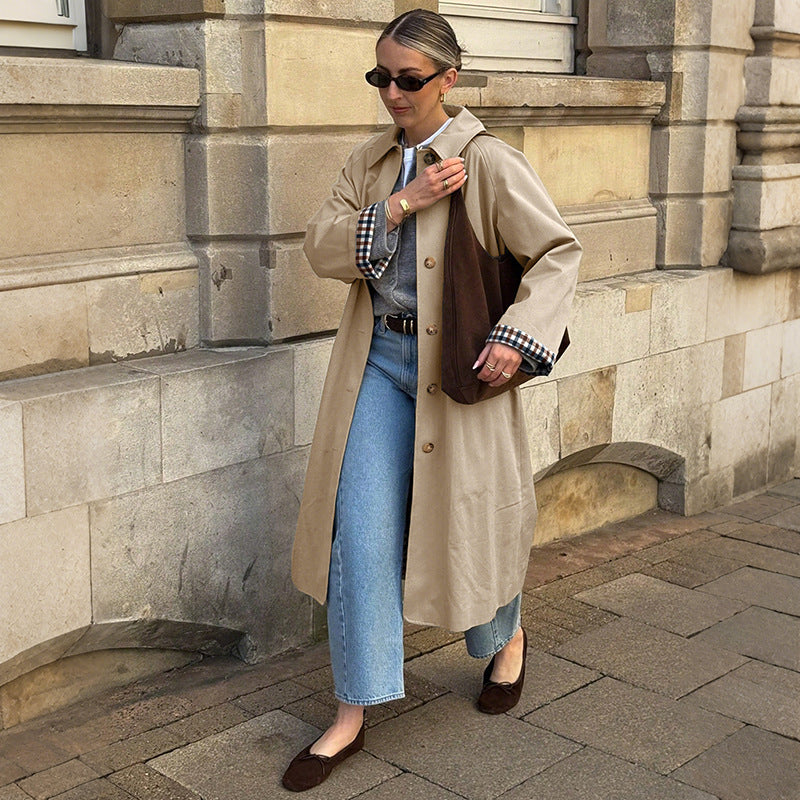 Extended plaid patchwork lapel windbreaker jacket for women