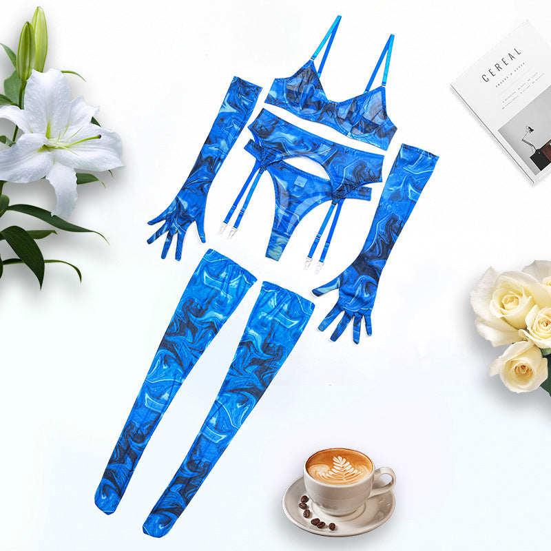 Tie-Dye Colorful Small Bust Gathering Mesh Sexy Lingerie Five-Piece Set for Women