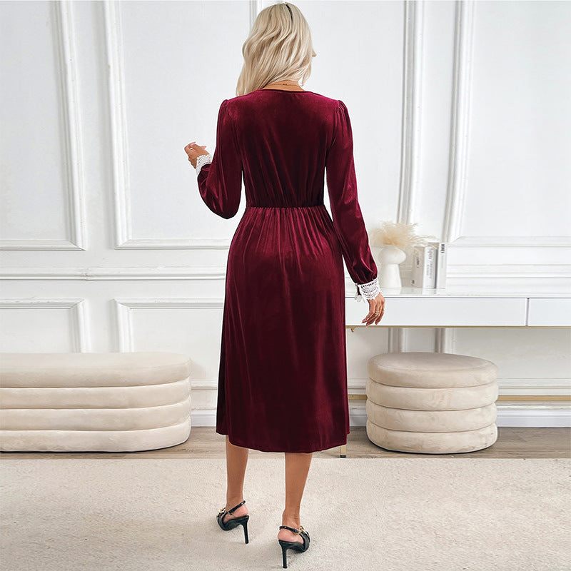 Elegant party style lace V-neck velvet dress