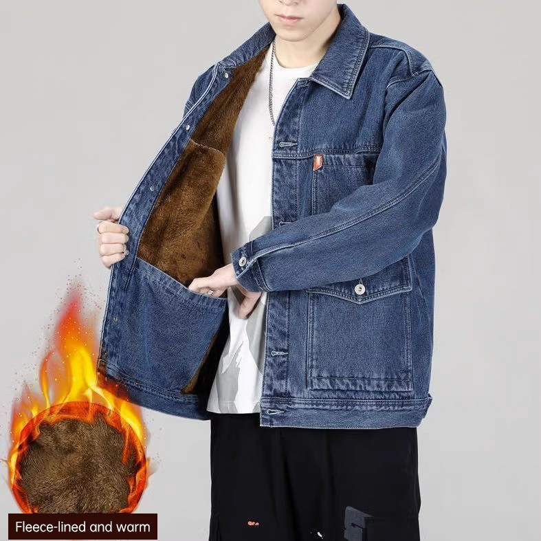 American Style Heavyweight Denim Jacket for Men, Autumn Winter, Warm Lined, Thickened, Loose Fit, Casual Outerwear
