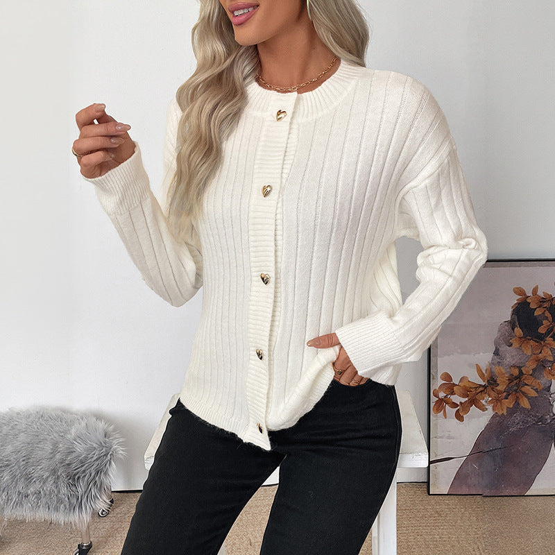 Metal heart button solid color sweater jacket cardigan