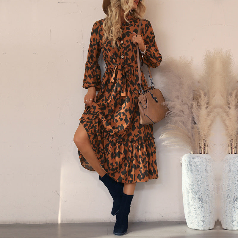 Mid length long sleeved half high neck leopard print dress