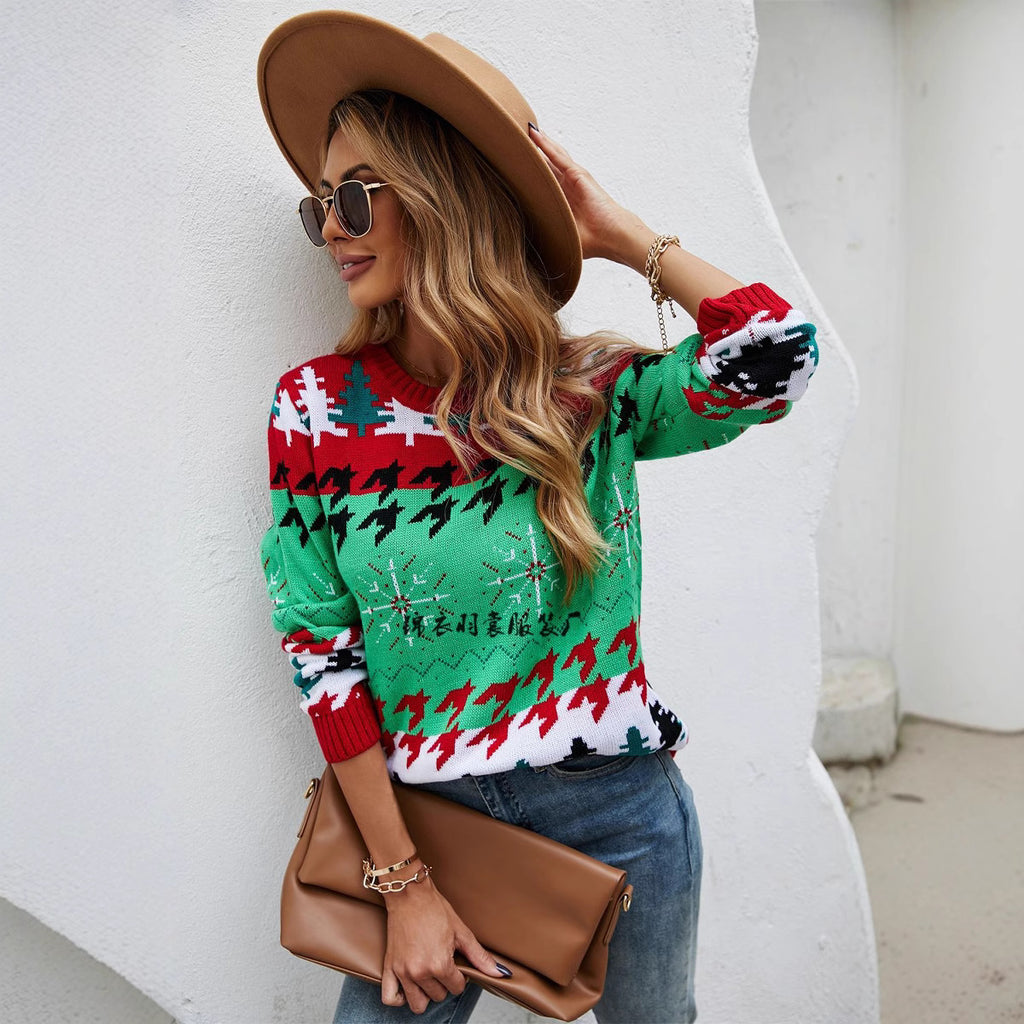 Christmas sweater with Christmas tree print pullover sweater