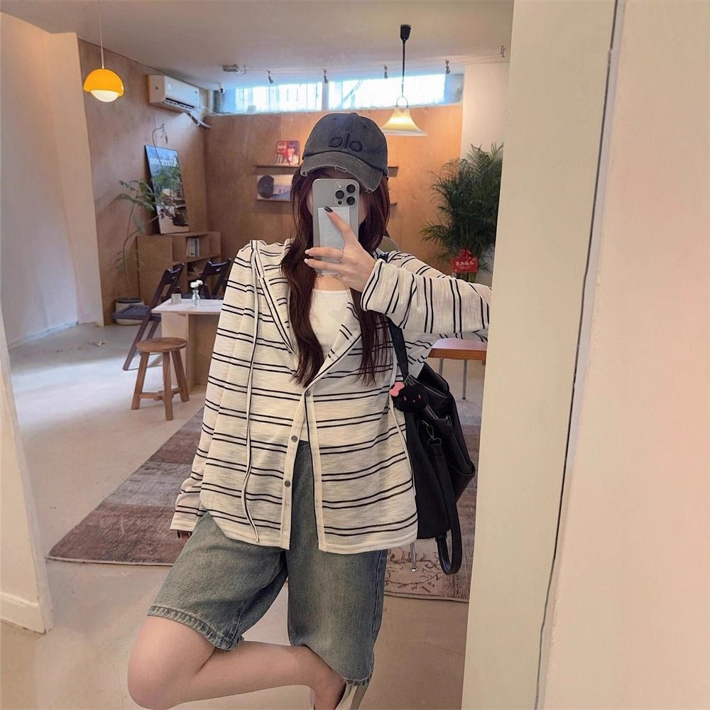 Striped Hooded Jacket for Women, Lightweight Long Sleeve Sun Protection Cardigan, Lazy Style Loose Top