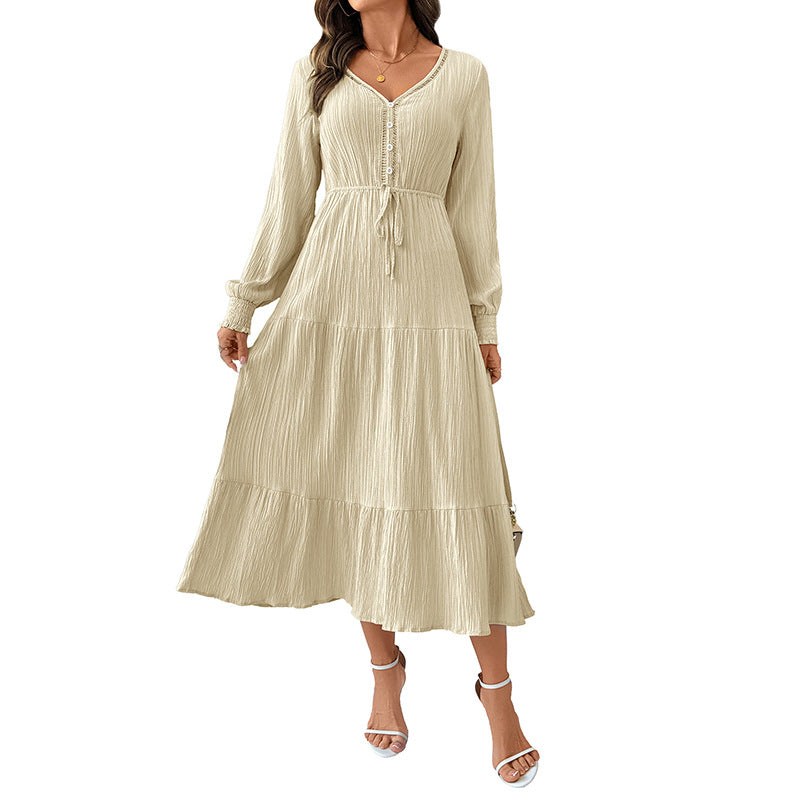 Elegant style long sleeved pleated V-neck solid color dress