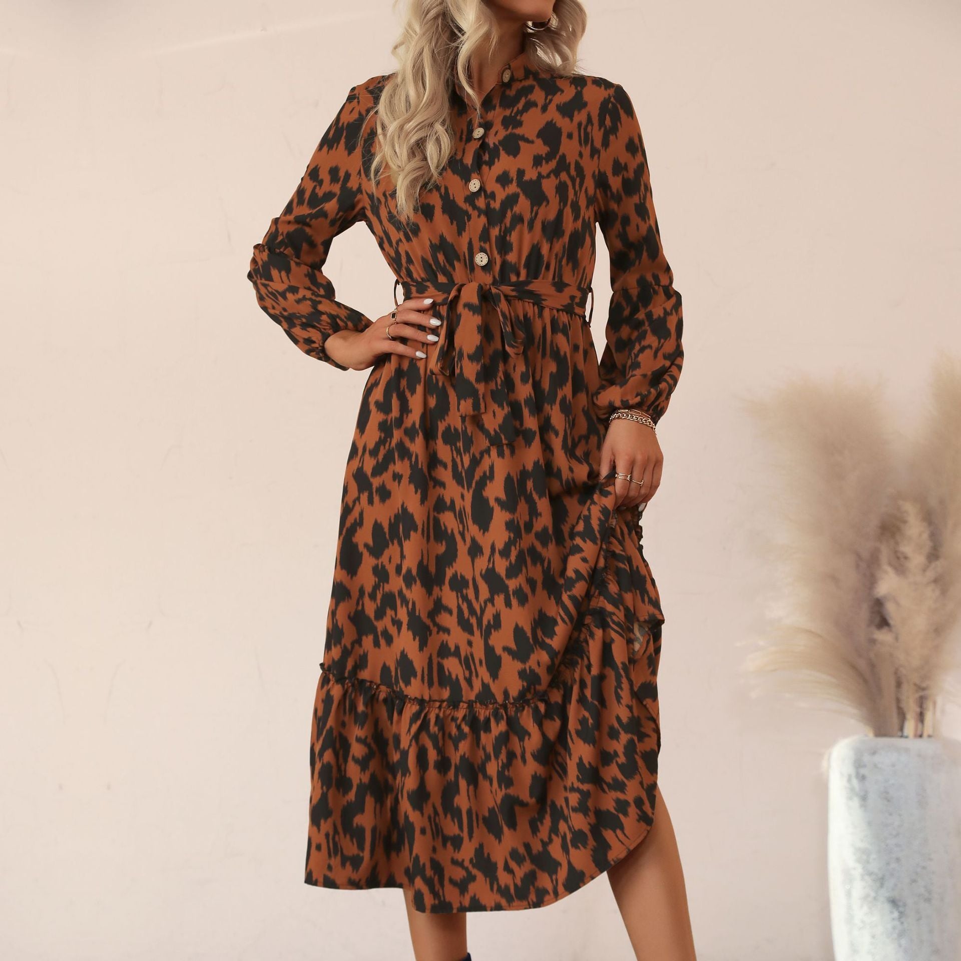Mid length long sleeved half high neck leopard print dress