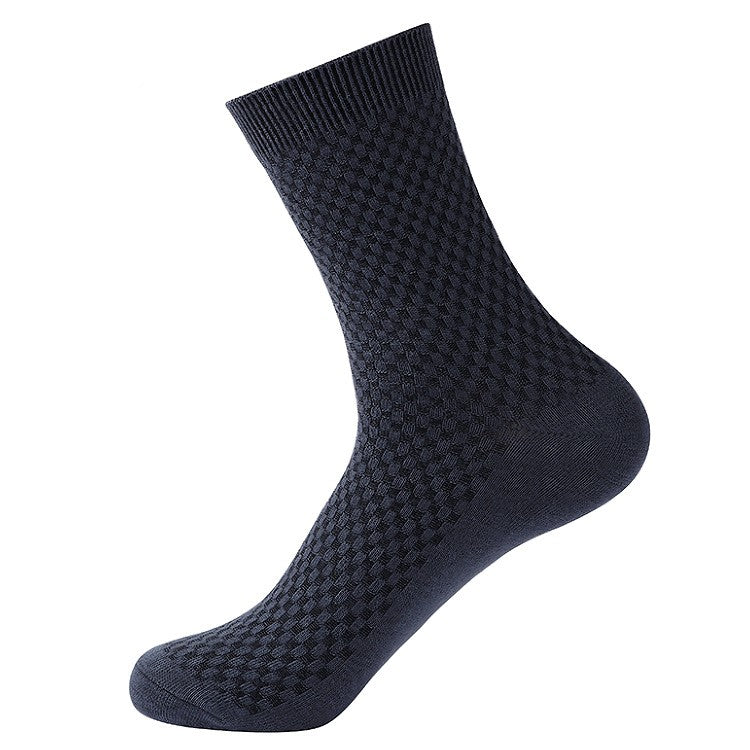 Bamboo fiber cotton socks mid tube men's socks double needle dark flower square grid socks
