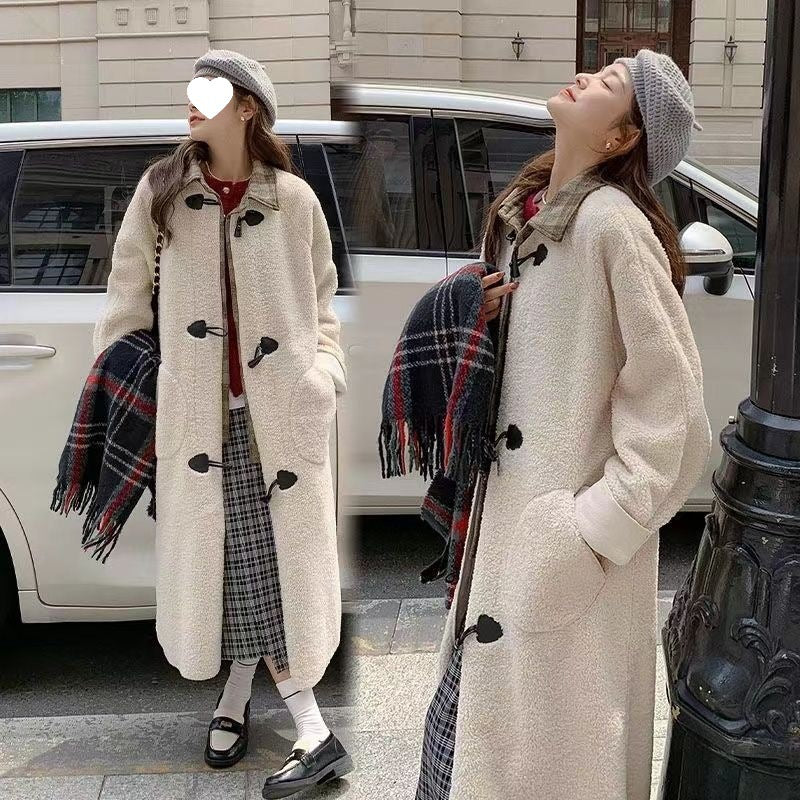 Academic Style Thickened Long Sleeve Faux Two-Piece Design Long Coat with Toggle Buttons and Shearling Outerwear for Women