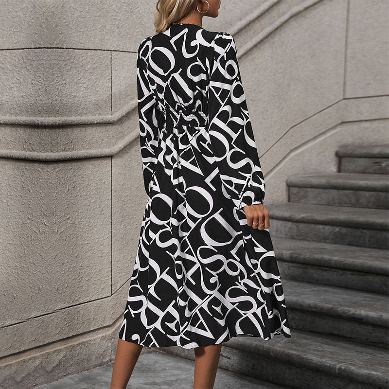 Deep V-neck long sleeved letter printed dress