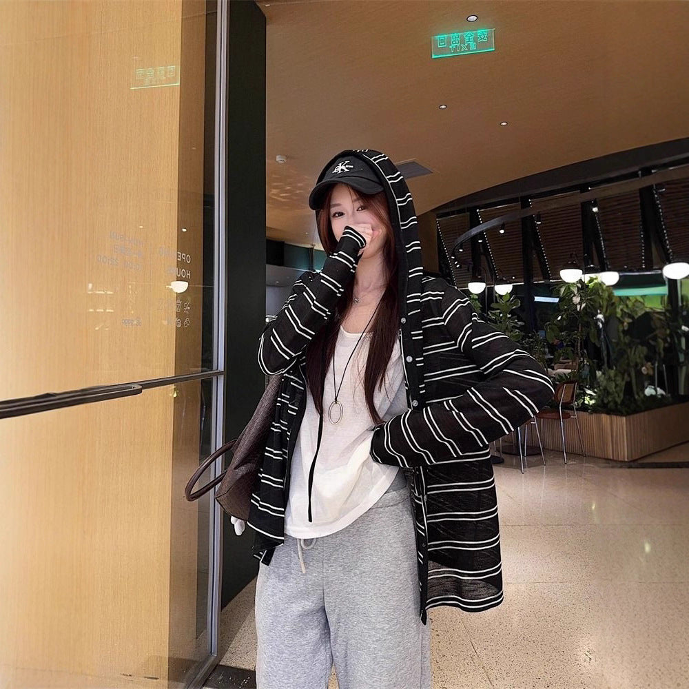 Striped Hooded Jacket for Women, Lightweight Long Sleeve Sun Protection Cardigan, Lazy Style Loose Top