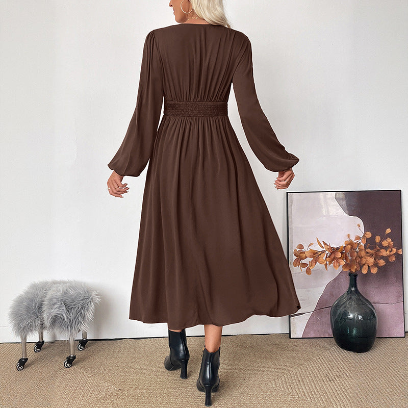 Retro style dress with waist cinched deep V-neck brown dress