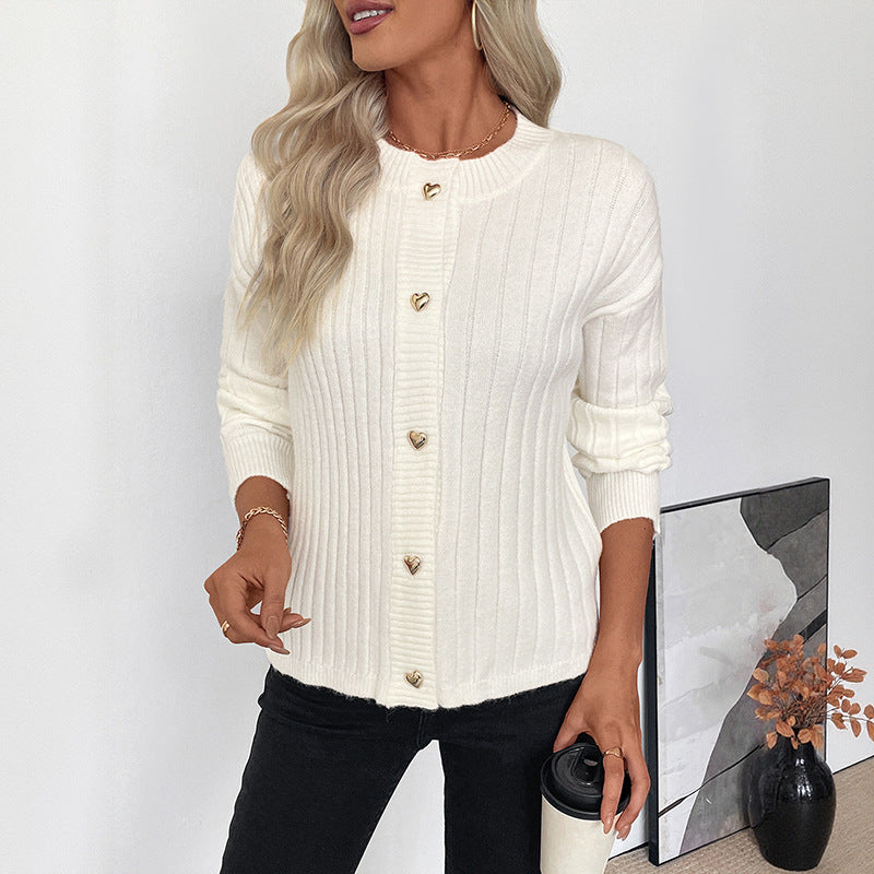 Metal heart button solid color sweater jacket cardigan