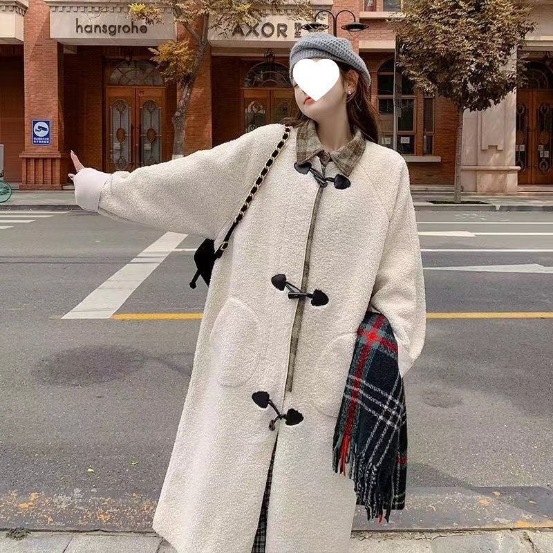 Academic Style Thickened Long Sleeve Faux Two-Piece Design Long Coat with Toggle Buttons and Shearling Outerwear for Women