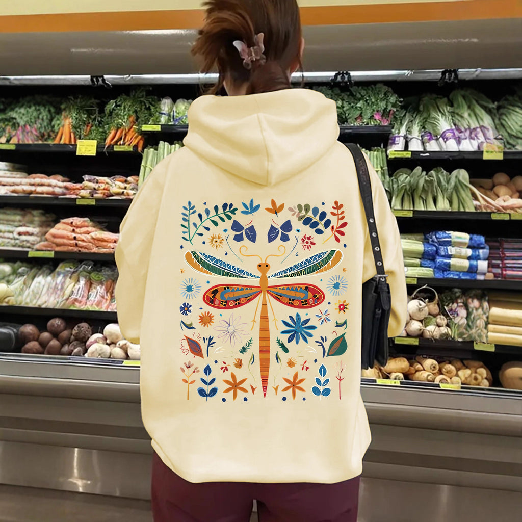 Top hoodie with dragonfly pattern print